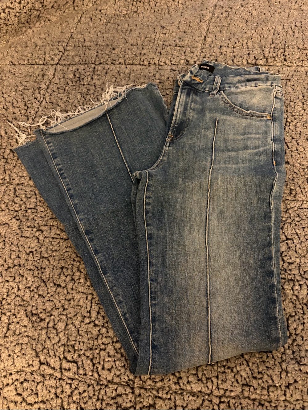 Express Women’s Blue Distressed 70s Flare Leg Jeans